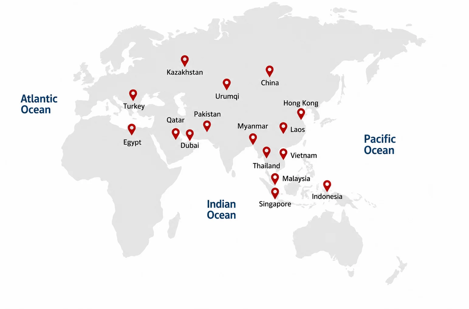Map of countries Senwill manufactures coffee for — Malaysia, Singapore, Indonesia, Thailand, Vietnam, Hong Kong, China, Kazakhstan, Pakistan, Dubai, Qatar, Turkey, Egypt and more