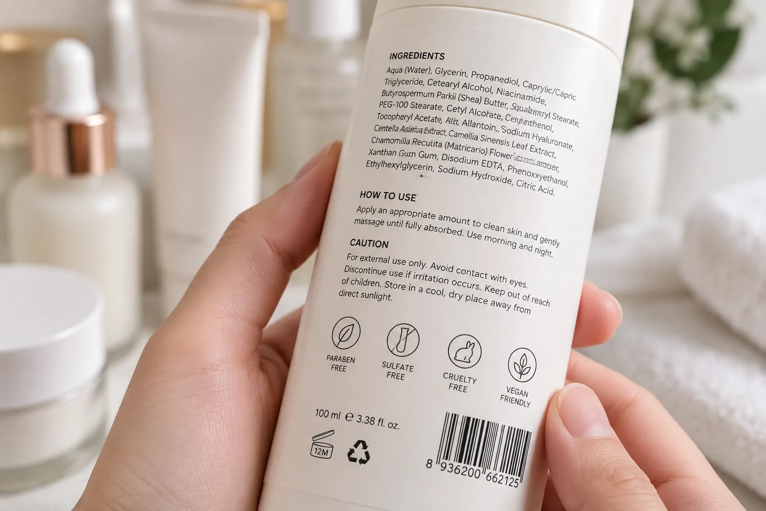 The ingredient list printed on the back label of a cosmetic bottle.