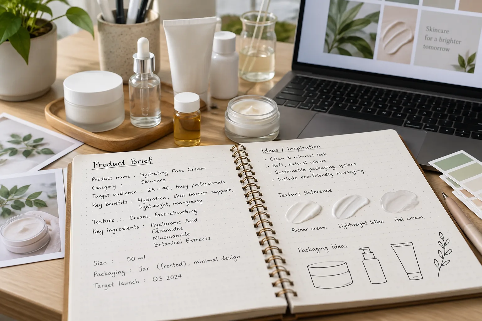 An open notebook with a handwritten product brief beside cosmetic samples and a laptop.