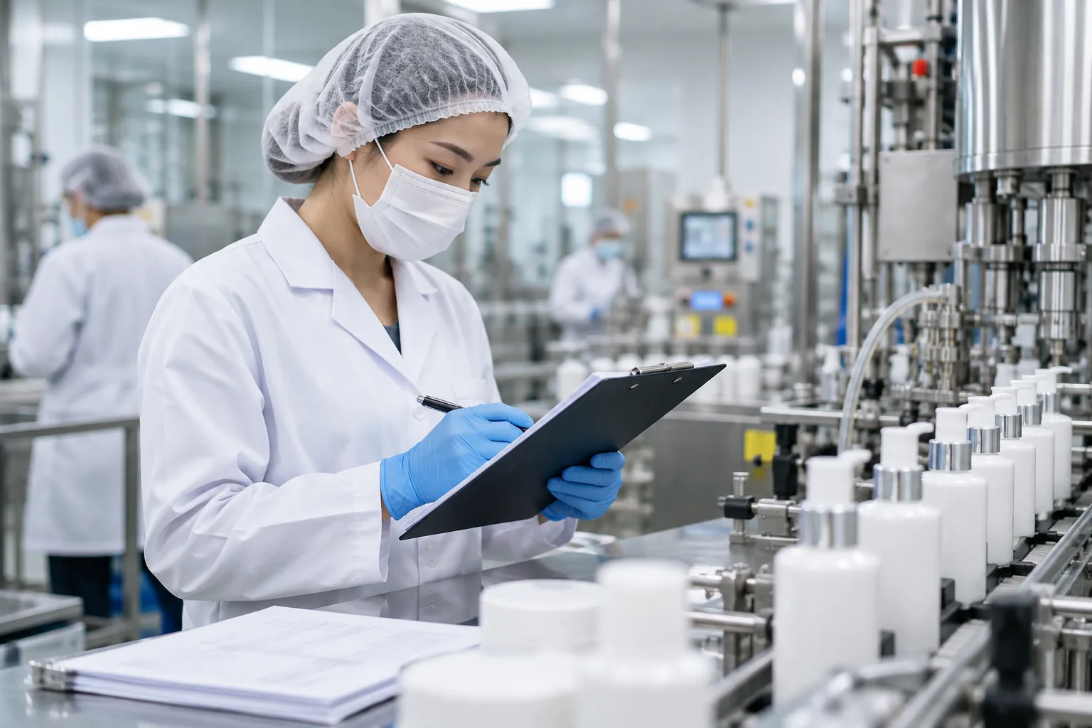 A quality control officer checks batch documents inside a cosmetics factory.