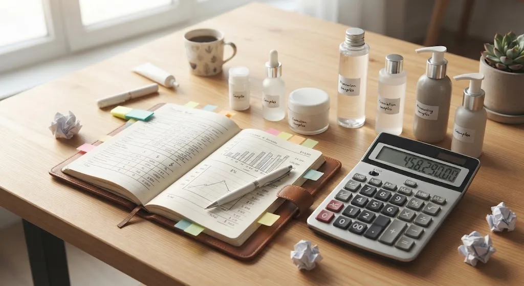 A calculator, notebook and skincare samples on a desk during budget planning.