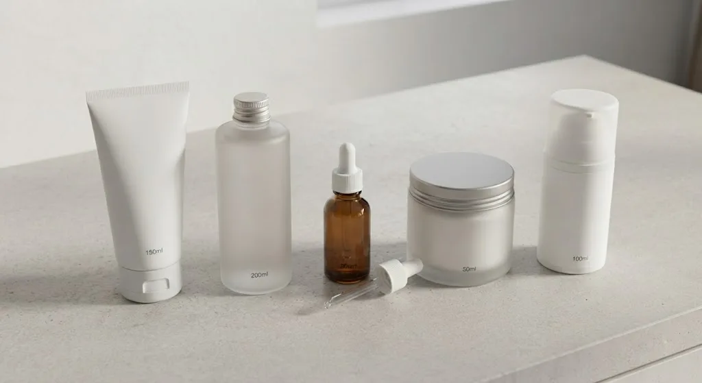 A flat lay of a cleanser, toner, serum, moisturiser and sunscreen in plain packaging.